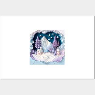 papercut illustration of magical winter, paper quilling, voxel Posters and Art